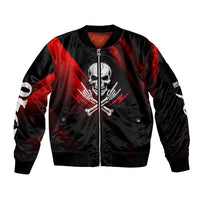 Boomer Generation Sleeve Zip Bomber Jacket with Skull Crossbones and Grunge Streak Pattern
