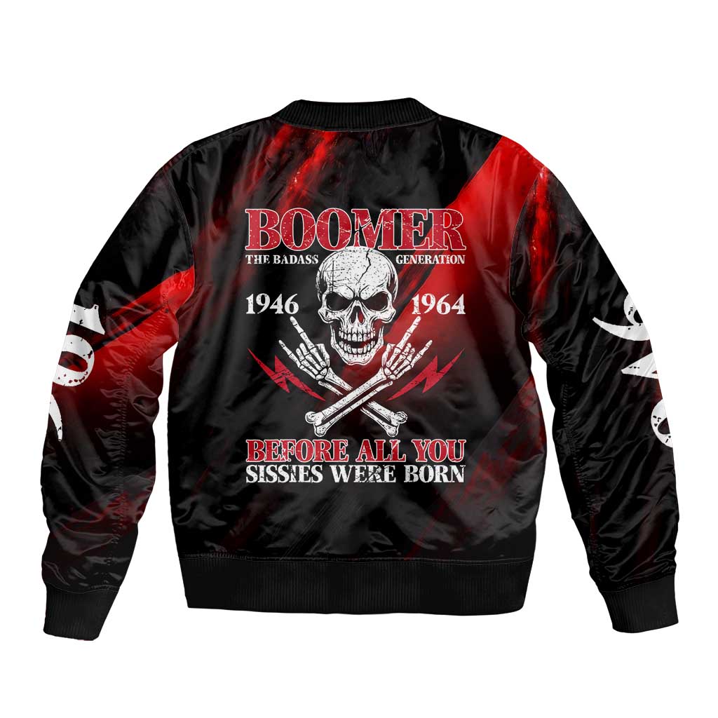 Boomer Generation Sleeve Zip Bomber Jacket with Skull Crossbones and Grunge Streak Pattern