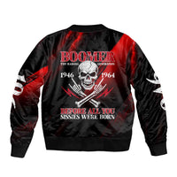 Boomer Generation Sleeve Zip Bomber Jacket with Skull Crossbones and Grunge Streak Pattern