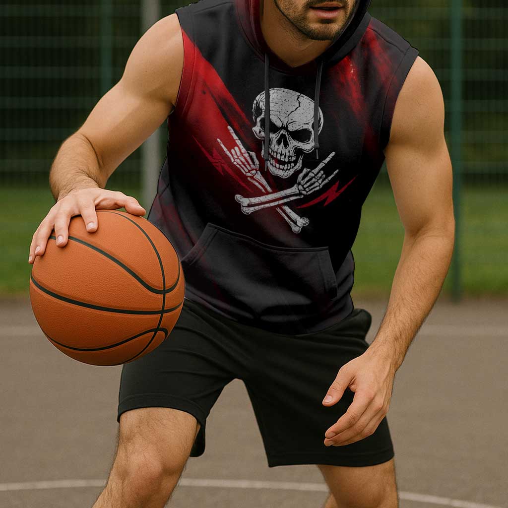 Boomer Generation Sleeveless Hoodie with Skull Crossbones and Grunge Streak Pattern