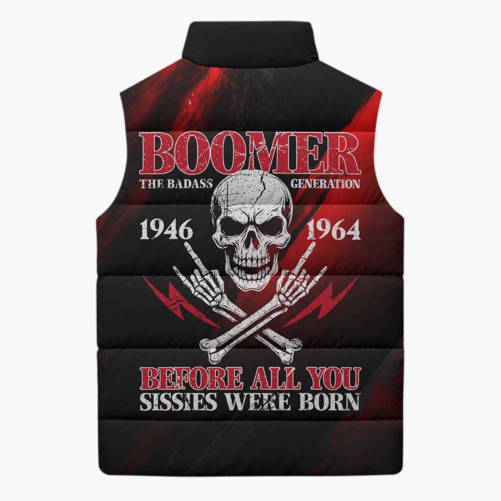 Boomer Generation Sleeveless Puffer Jacket with Skull Crossbones and Grunge Streak Pattern
