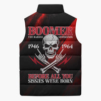 Boomer Generation Sleeveless Puffer Jacket with Skull Crossbones and Grunge Streak Pattern