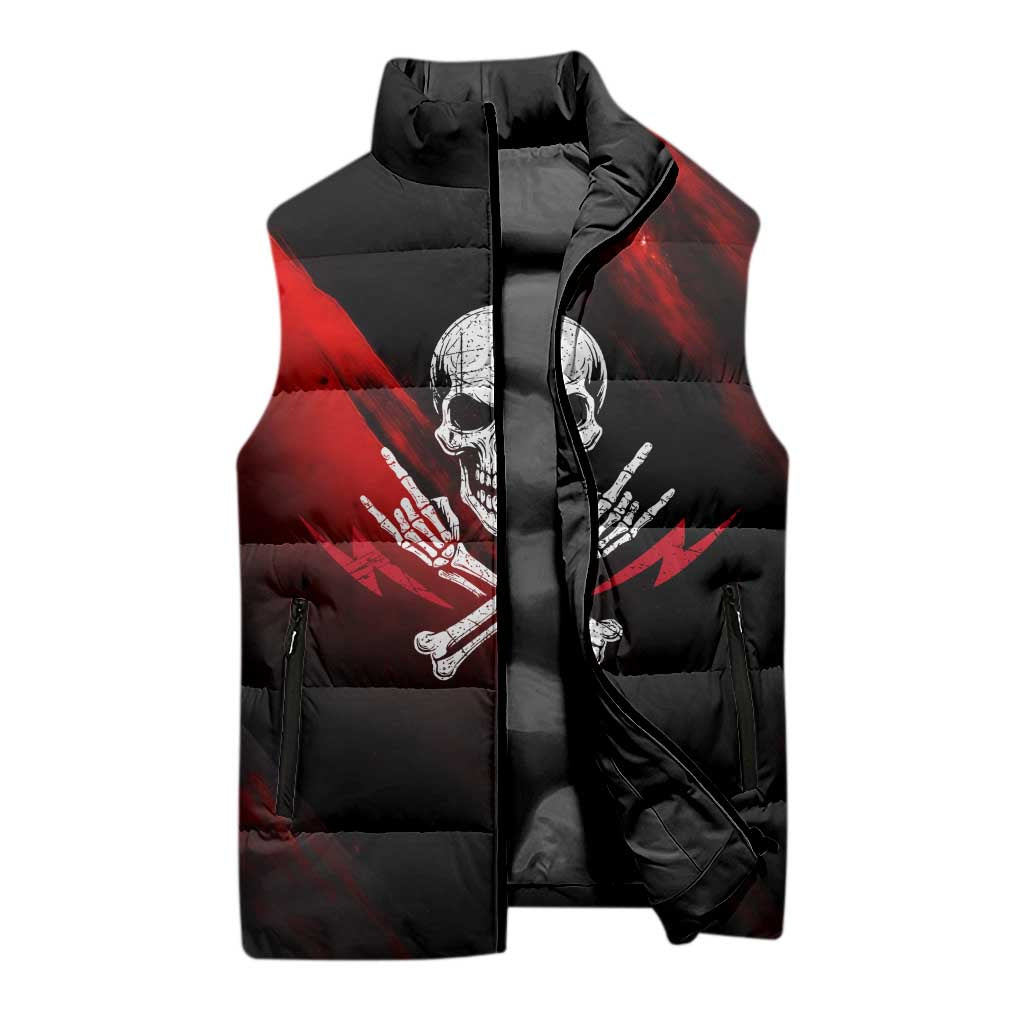 Boomer Generation Sleeveless Puffer Jacket with Skull Crossbones and Grunge Streak Pattern
