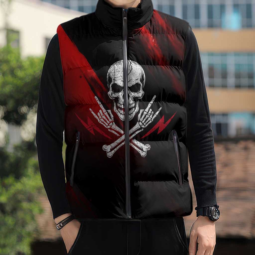 Boomer Generation Sleeveless Puffer Jacket with Skull Crossbones and Grunge Streak Pattern
