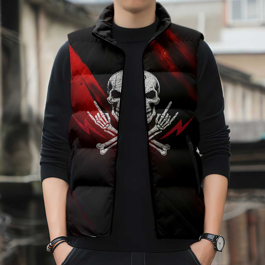 Boomer Generation Sleeveless Puffer Jacket with Skull Crossbones and Grunge Streak Pattern