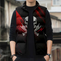 Boomer Generation Sleeveless Puffer Jacket with Skull Crossbones and Grunge Streak Pattern