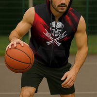 Boomer Generation Sleeveless Zip Hoodie with Skull Crossbones and Grunge Streak Pattern