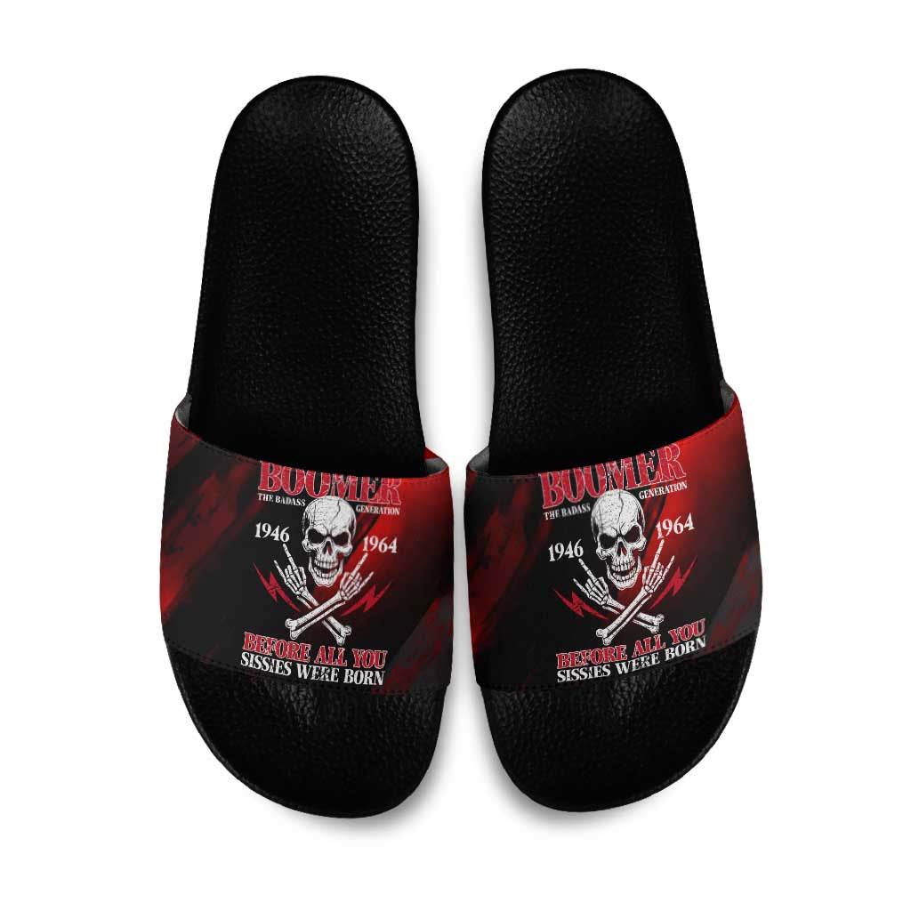 Boomer Generation Slide Sandals with Skull Crossbones and Grunge Streak Pattern