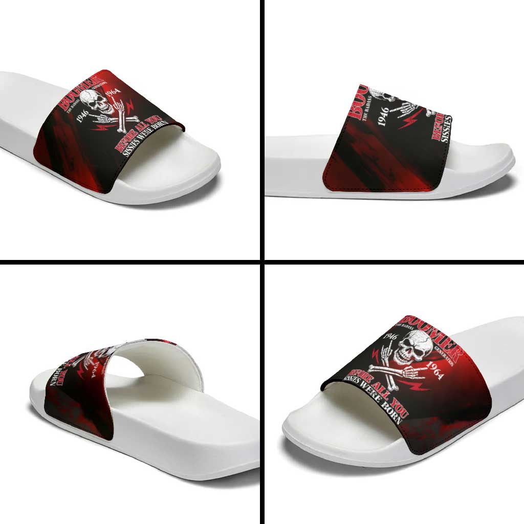Boomer Generation Slide Sandals with Skull Crossbones and Grunge Streak Pattern