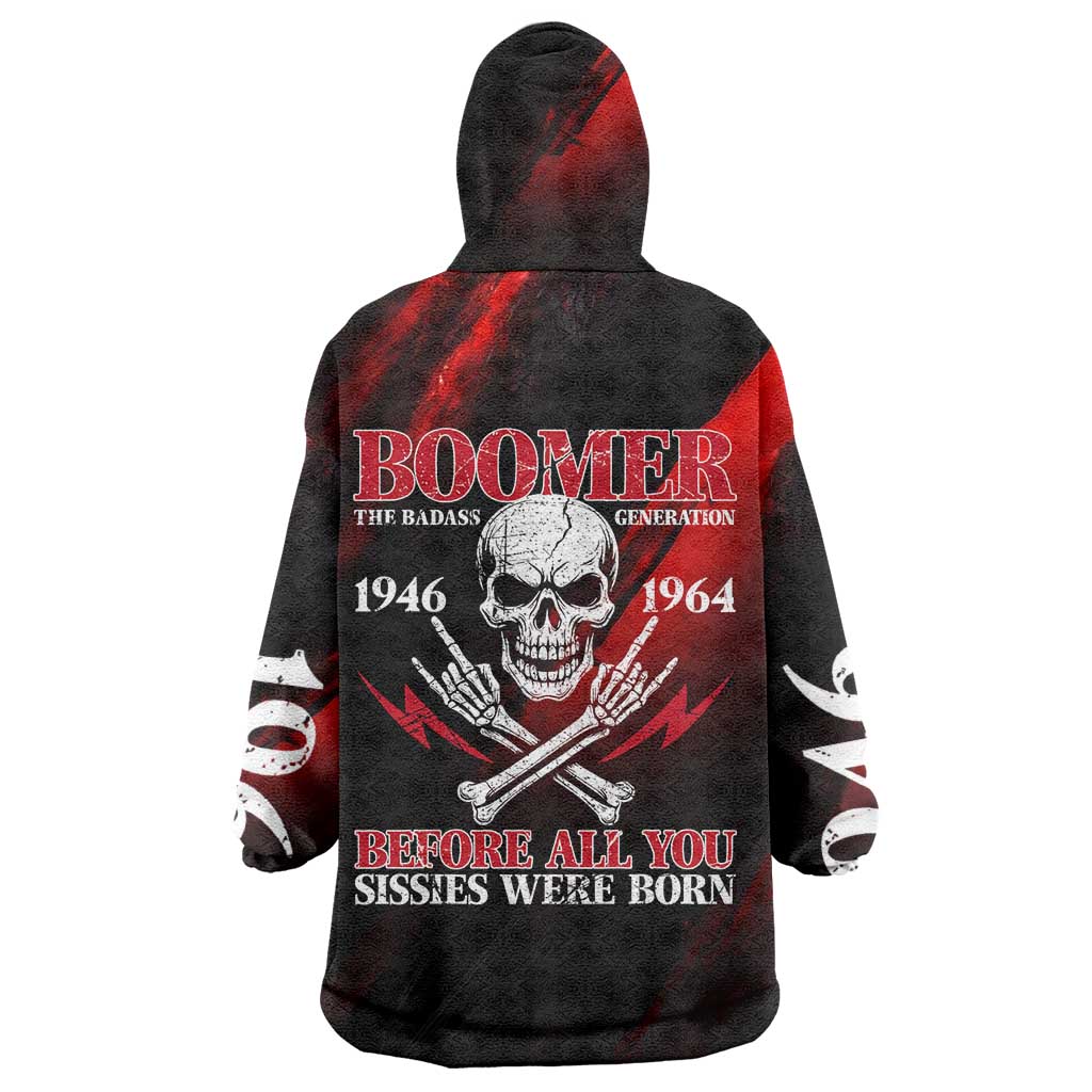 Boomer Generation Wearable Blanket Hoodie with Skull Crossbones and Grunge Streak Pattern