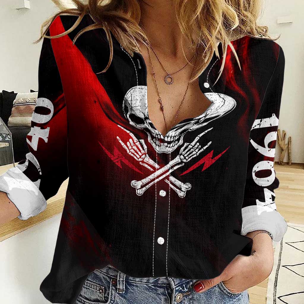 Boomer Generation Women Casual Shirt with Skull Crossbones and Grunge Streak Pattern