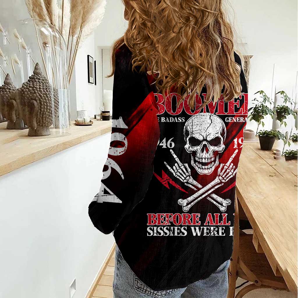Boomer Generation Women Casual Shirt with Skull Crossbones and Grunge Streak Pattern