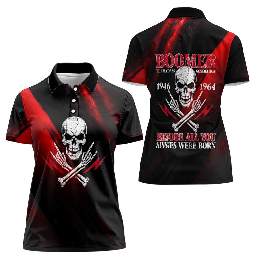 Boomer Generation Women Polo Shirt with Skull Crossbones and Grunge Streak Pattern