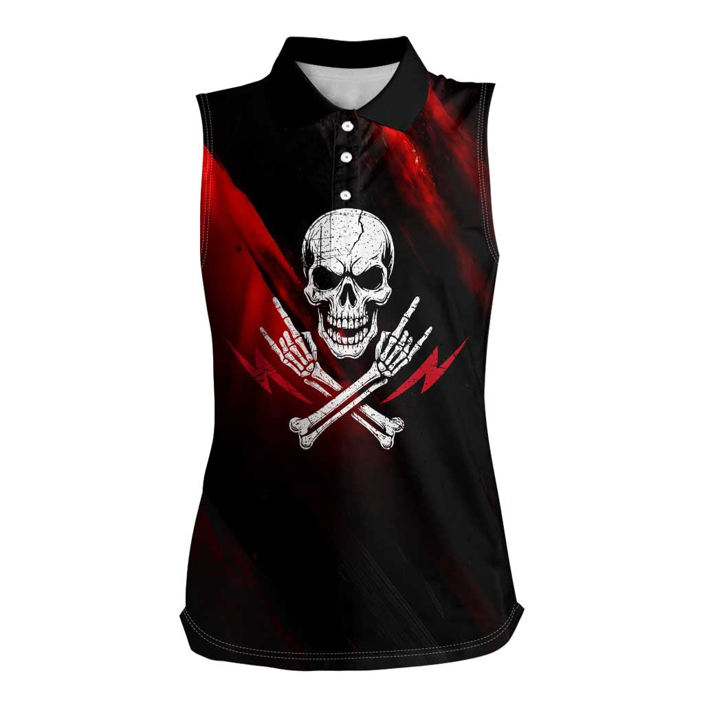 Boomer Generation Women Sleeveless Polo Shirt with Skull Crossbones and Grunge Streak Pattern