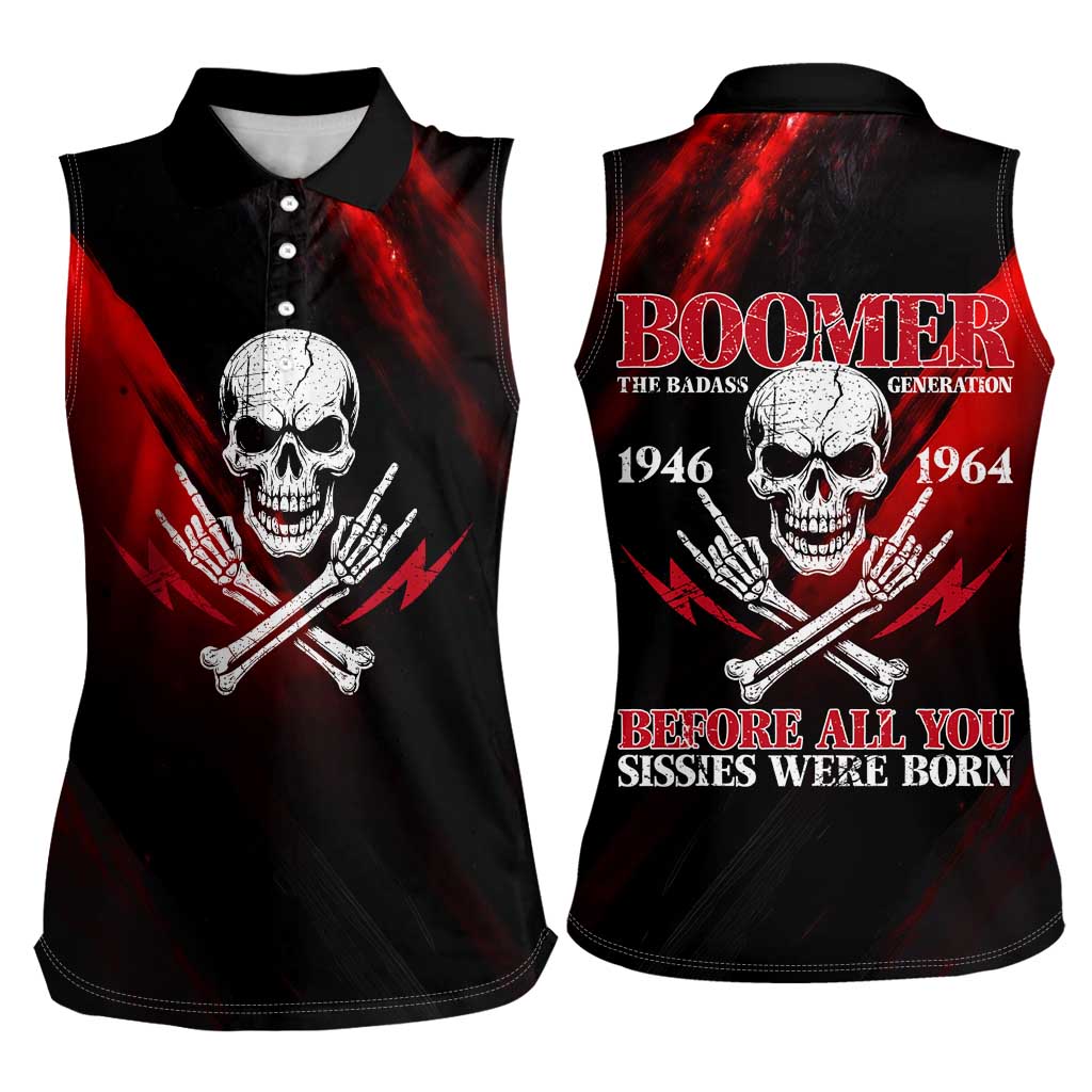 Boomer Generation Women Sleeveless Polo Shirt with Skull Crossbones and Grunge Streak Pattern