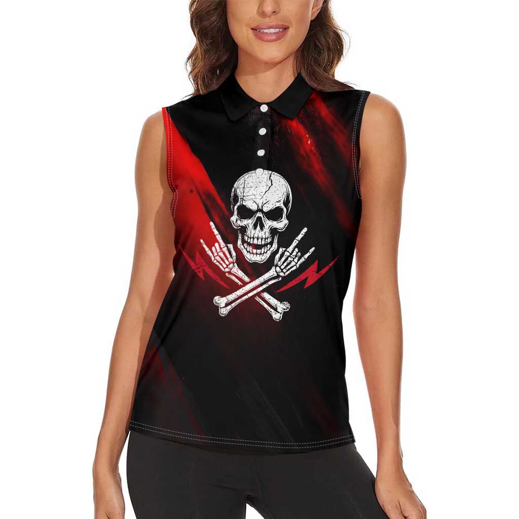 Boomer Generation Women Sleeveless Polo Shirt with Skull Crossbones and Grunge Streak Pattern