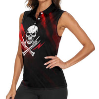Boomer Generation Women Sleeveless Polo Shirt with Skull Crossbones and Grunge Streak Pattern