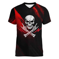 Boomer Generation Women V-Neck T-Shirt with Skull Crossbones and Grunge Streak Pattern