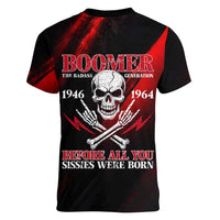 Boomer Generation Women V-Neck T-Shirt with Skull Crossbones and Grunge Streak Pattern