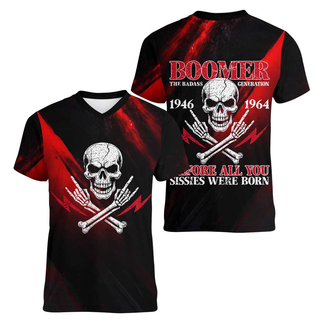 Boomer Generation Women V-Neck T-Shirt with Skull Crossbones and Grunge Streak Pattern