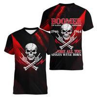Boomer Generation Women V-Neck T-Shirt with Skull Crossbones and Grunge Streak Pattern