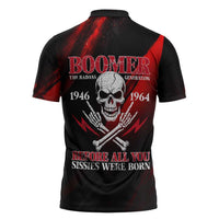 Boomer Generation Zipper Polo Shirt with Skull Crossbones and Grunge Streak Pattern