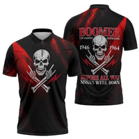 Boomer Generation Zipper Polo Shirt with Skull Crossbones and Grunge Streak Pattern