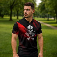 Boomer Generation Zipper Polo Shirt with Skull Crossbones and Grunge Streak Pattern