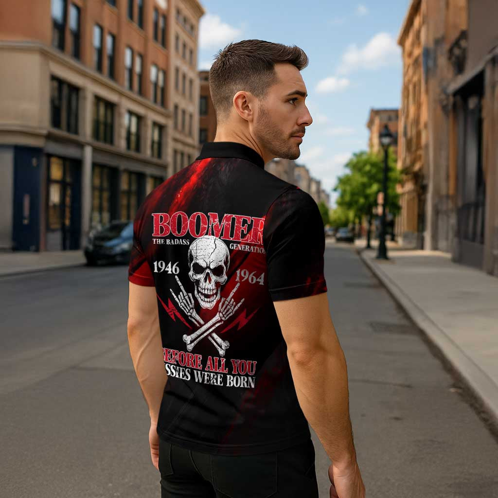 Boomer Generation Zipper Polo Shirt with Skull Crossbones and Grunge Streak Pattern