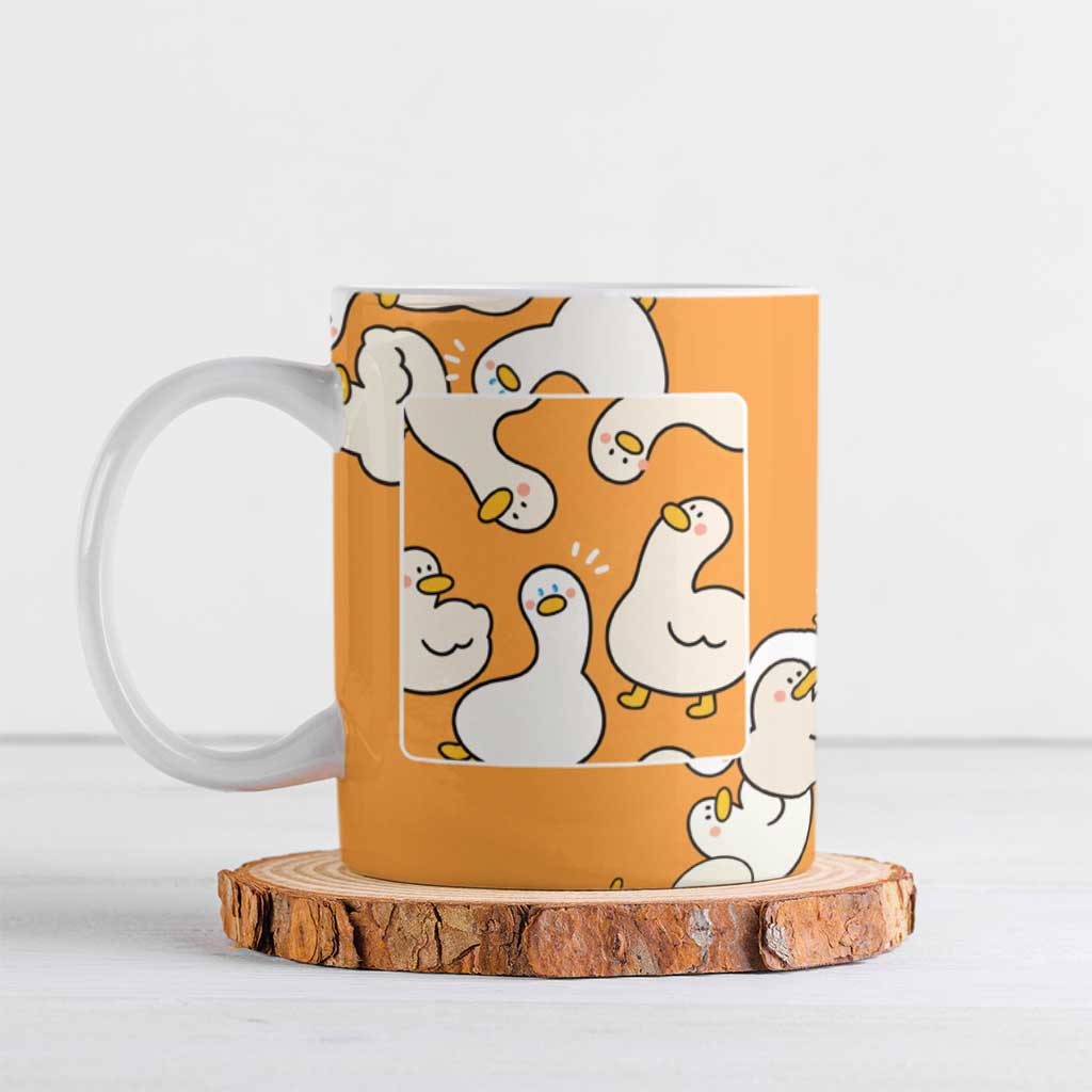 Chubby Duck Ceramic Mug Shocked White Ducks Cartoon Doodle Pattern