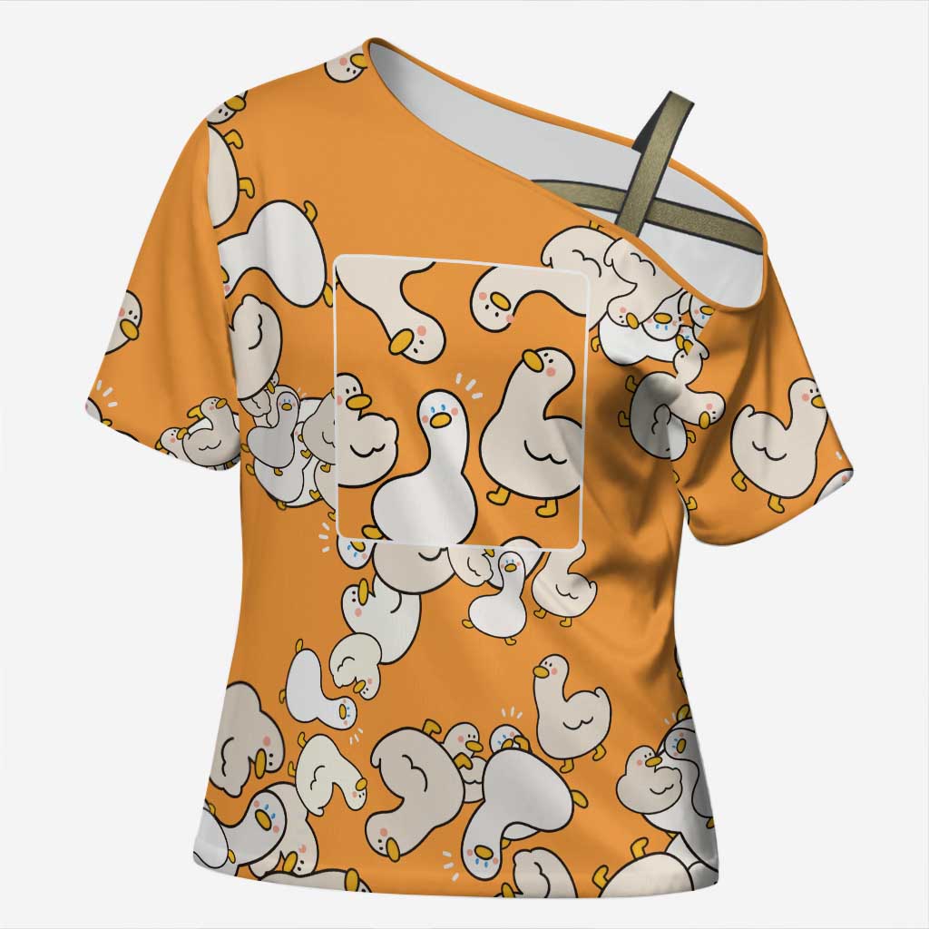 Chubby Duck Cross Shoulder Shirt Shocked White Ducks Cartoon Doodle Pattern