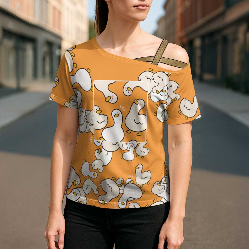 Chubby Duck Cross Shoulder Shirt Shocked White Ducks Cartoon Doodle Pattern