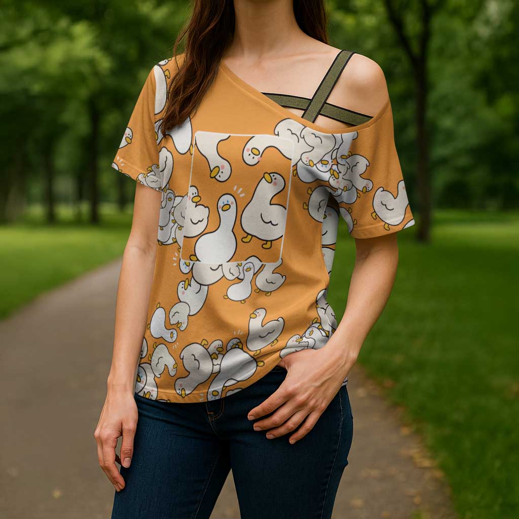 Chubby Duck Cross Shoulder Shirt Shocked White Ducks Cartoon Doodle Pattern