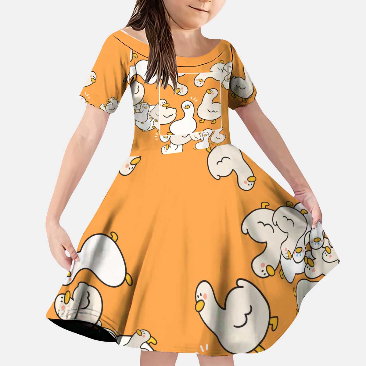 Chubby Duck Kid Short Sleeve Dress Shocked White Ducks Cartoon Doodle Pattern
