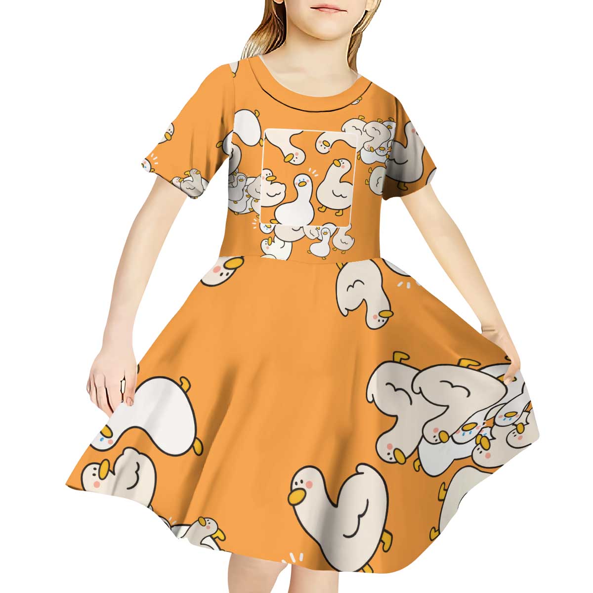Chubby Duck Kid Short Sleeve Dress Shocked White Ducks Cartoon Doodle Pattern