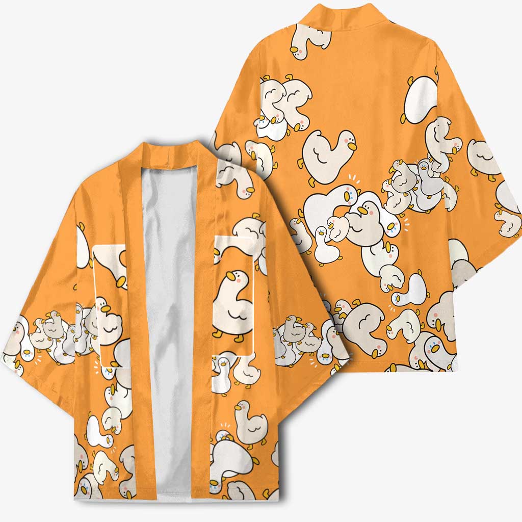Chubby Duck Kimono Shocked White Ducks Cartoon Doodle Pattern