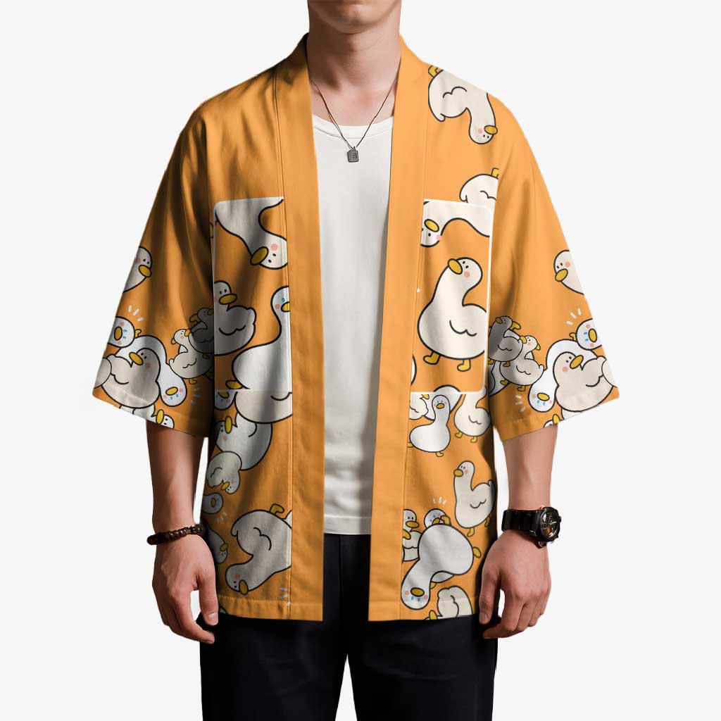 Chubby Duck Kimono Shocked White Ducks Cartoon Doodle Pattern