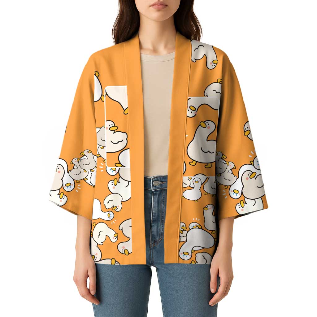 Chubby Duck Kimono Shocked White Ducks Cartoon Doodle Pattern