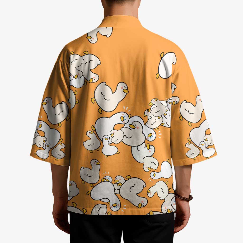 Chubby Duck Kimono Shocked White Ducks Cartoon Doodle Pattern