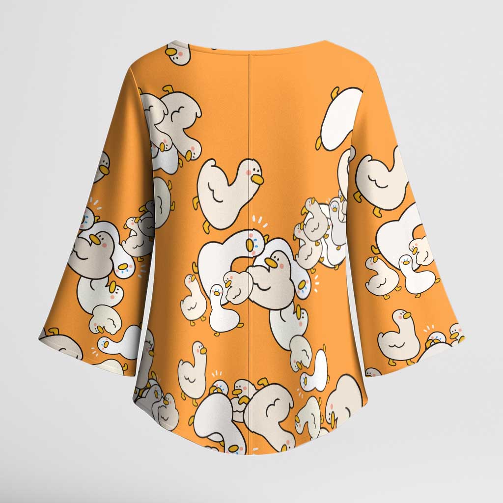Chubby Duck Kimono Sleeve Blouse Shocked White Ducks Cartoon Doodle Pattern