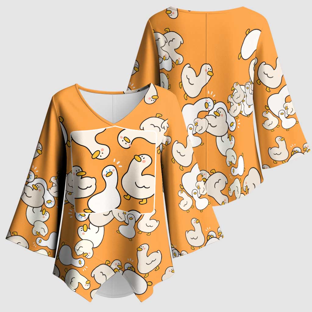 Chubby Duck Kimono Sleeve Blouse Shocked White Ducks Cartoon Doodle Pattern