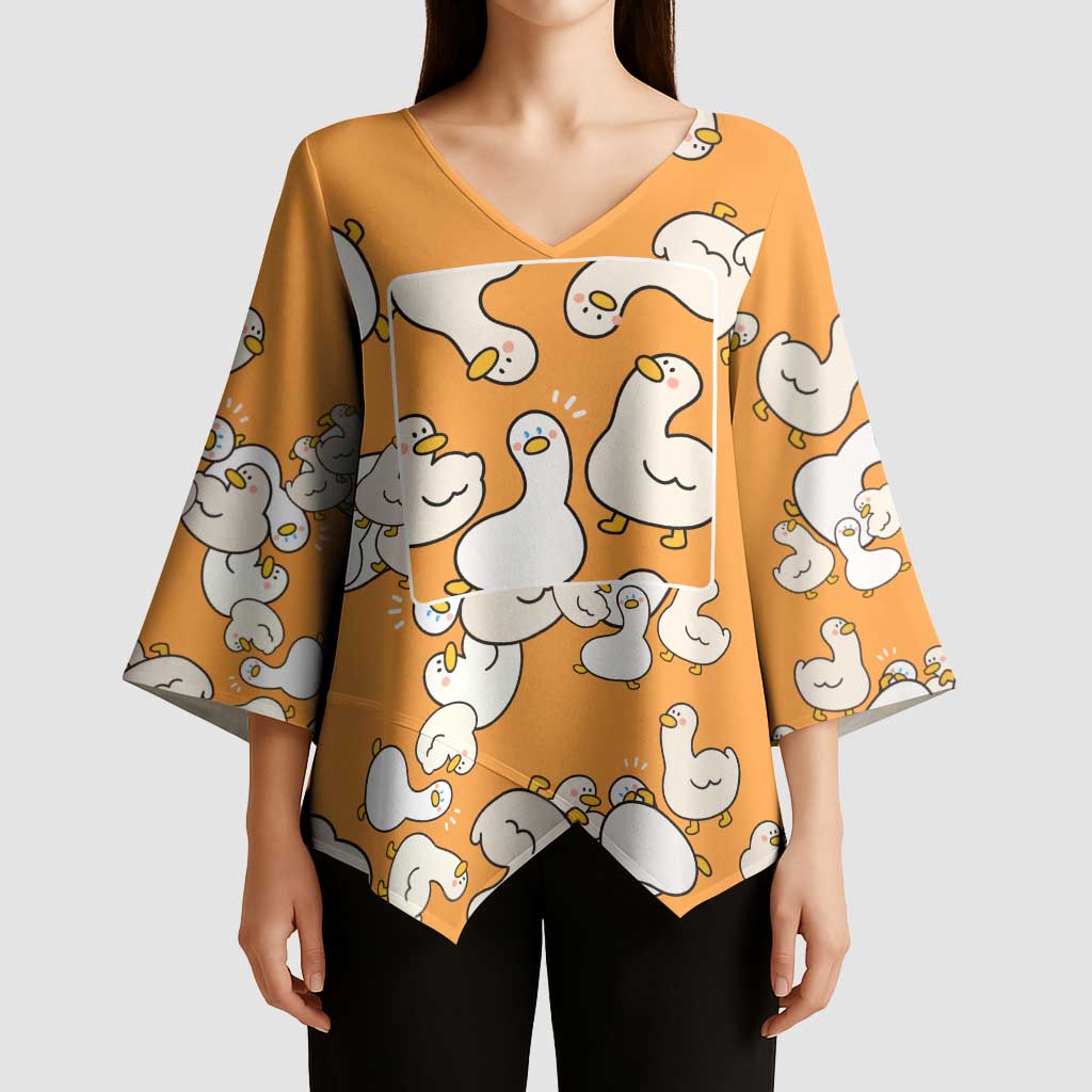 Chubby Duck Kimono Sleeve Blouse Shocked White Ducks Cartoon Doodle Pattern