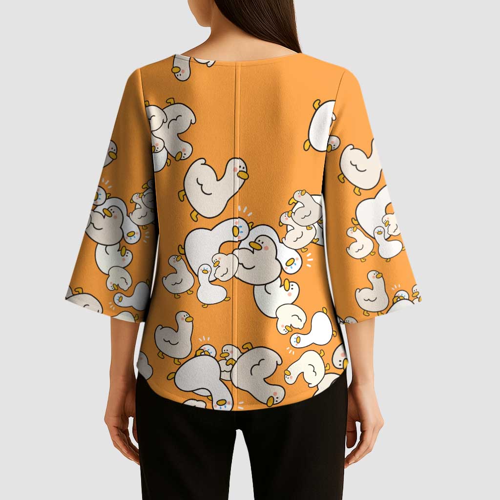 Chubby Duck Kimono Sleeve Blouse Shocked White Ducks Cartoon Doodle Pattern