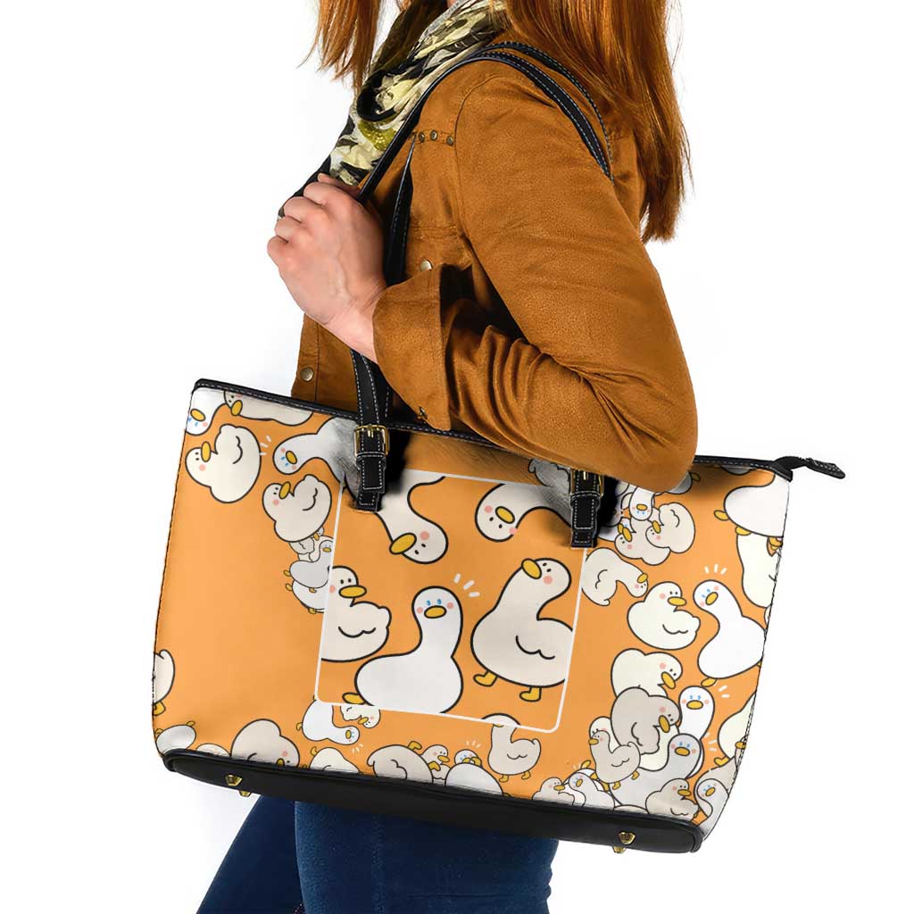 Chubby Duck Leather Tote Bag Shocked White Ducks Cartoon Doodle Pattern