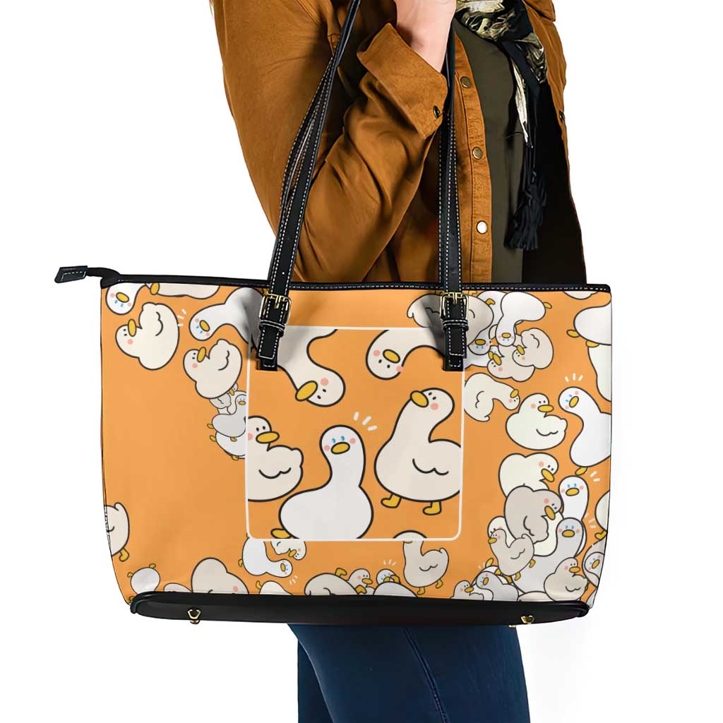 Chubby Duck Leather Tote Bag Shocked White Ducks Cartoon Doodle Pattern