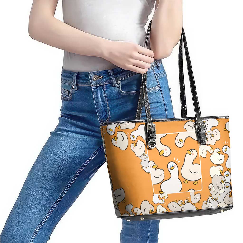 Chubby Duck Leather Tote Bag Shocked White Ducks Cartoon Doodle Pattern