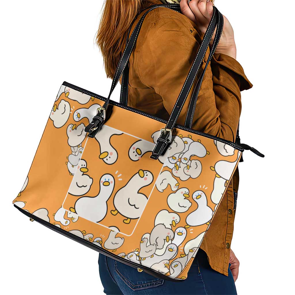 Chubby Duck Leather Tote Bag Shocked White Ducks Cartoon Doodle Pattern