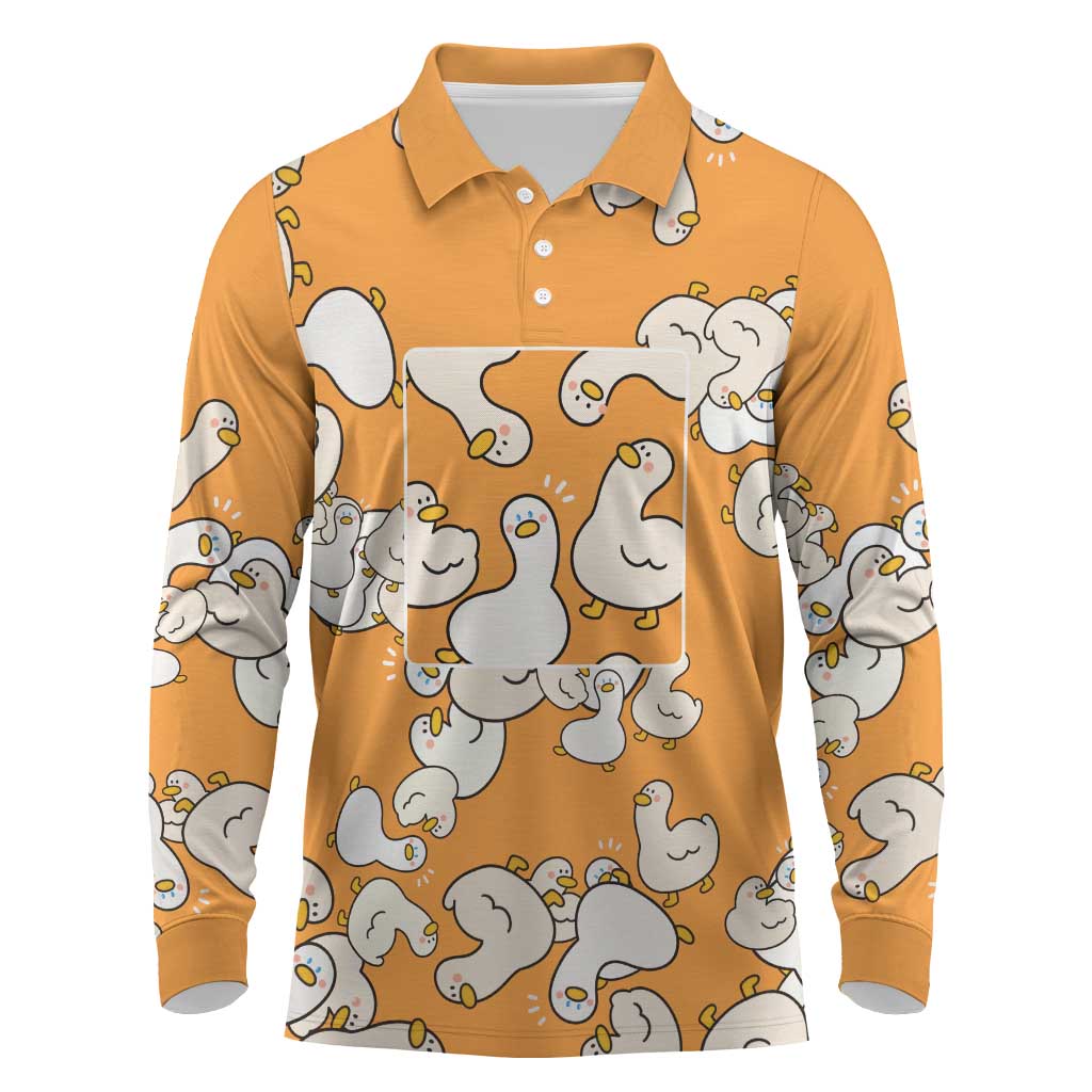 Chubby Duck Long Sleeve Polo Shirt Shocked White Ducks Cartoon Doodle Pattern