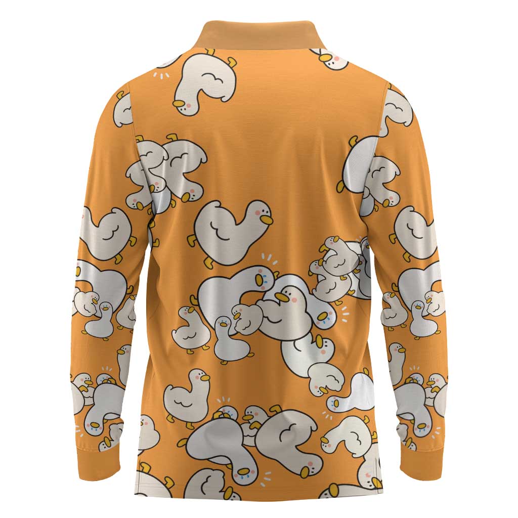 Chubby Duck Long Sleeve Polo Shirt Shocked White Ducks Cartoon Doodle Pattern