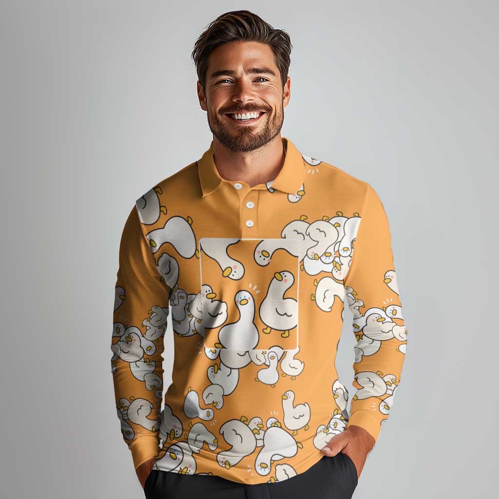 Chubby Duck Long Sleeve Polo Shirt Shocked White Ducks Cartoon Doodle Pattern